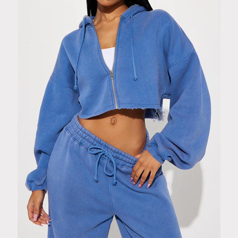 Women's Fleece Hooded Crop Top and Wide-Leg Jogger Lounge Set