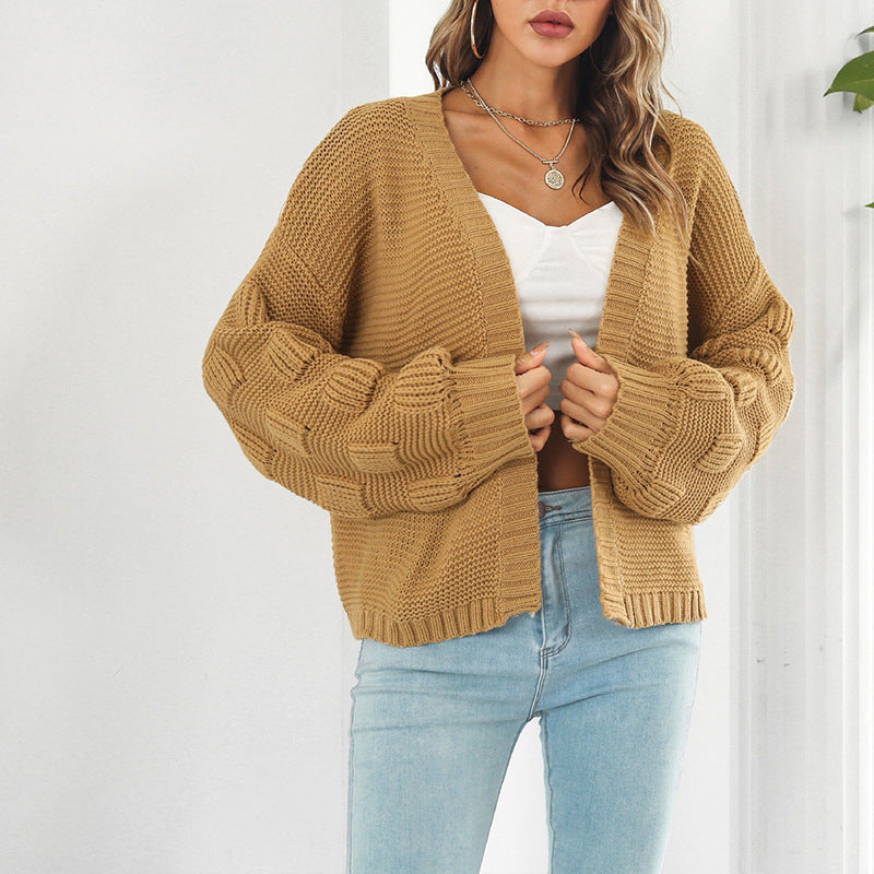 Women's Chunky Knit Cardigan with Wide Sleeves and V-Neck