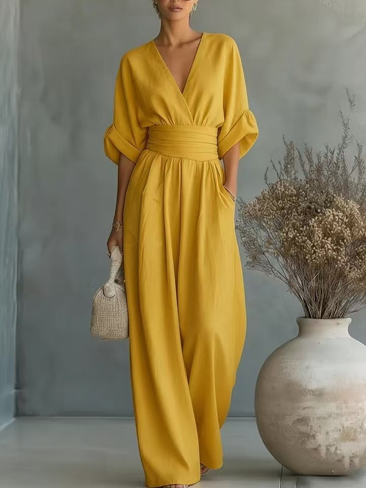 Women's Jumpsuit with Elegant V-Neck and Wide Leg