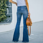 Women's Flared Jeans with Distressed Effects and Button Detail