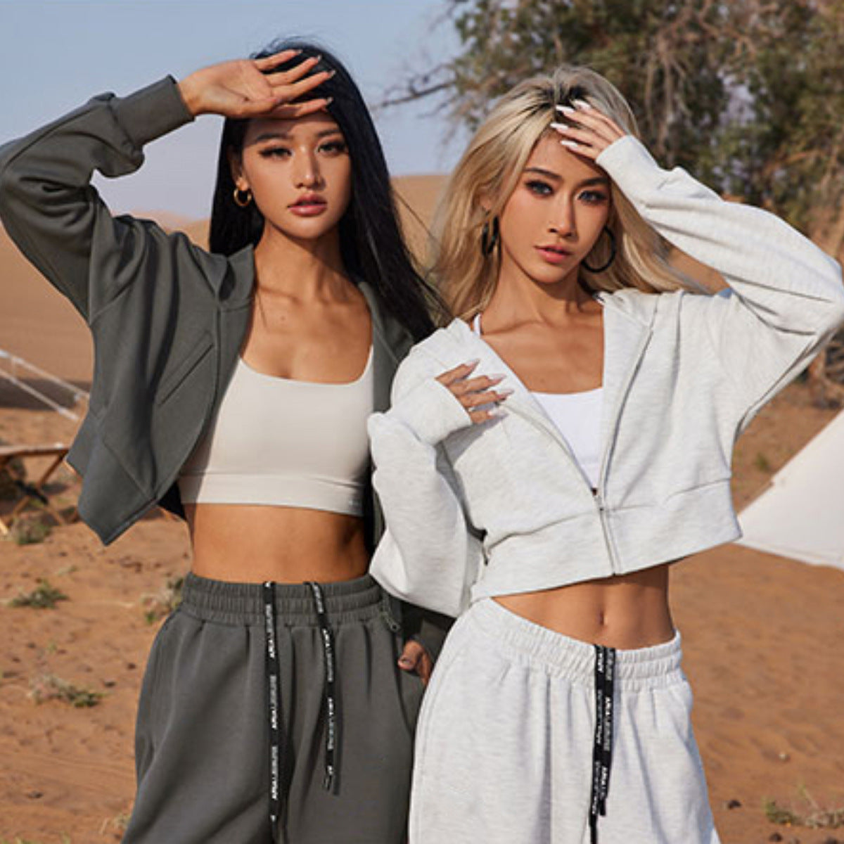 Women's Fashionable Cropped Sweat Set with Practical Pockets and Elastic Waistband