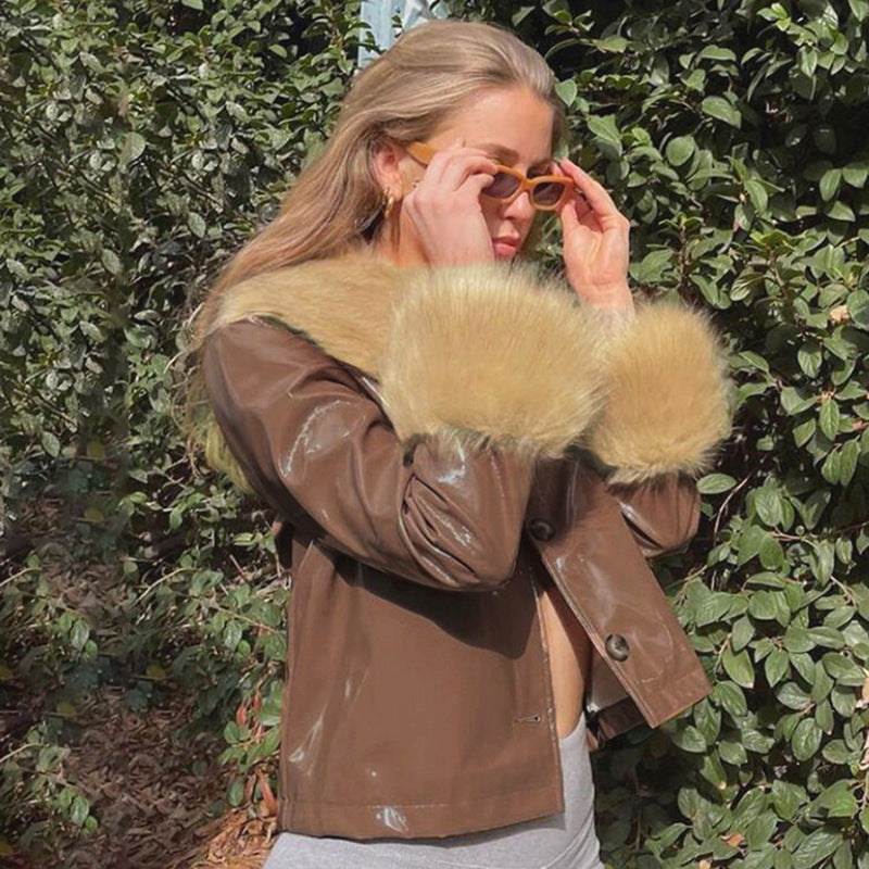 Women's Fashionable Patent Coat with Cozy Faux Fur Collar