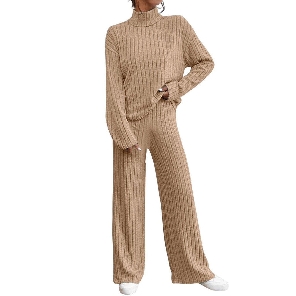 Women's Chunky Knit Two-Piece Set with High Collar and Wide Cut