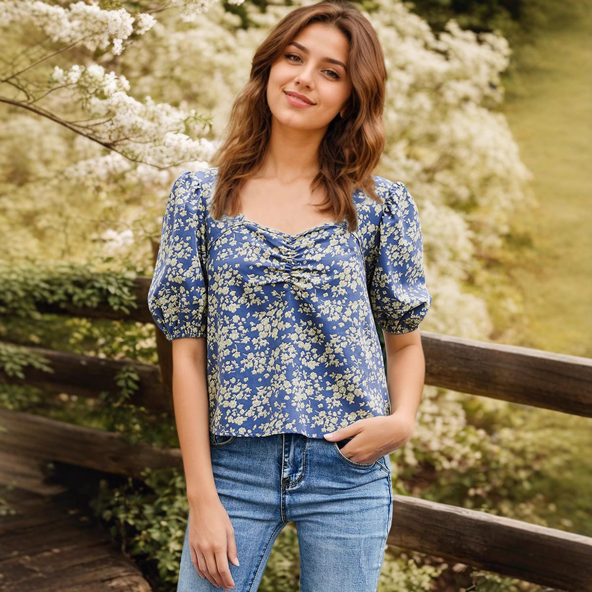 Women's Blouse with Puff Sleeves and Floral Details