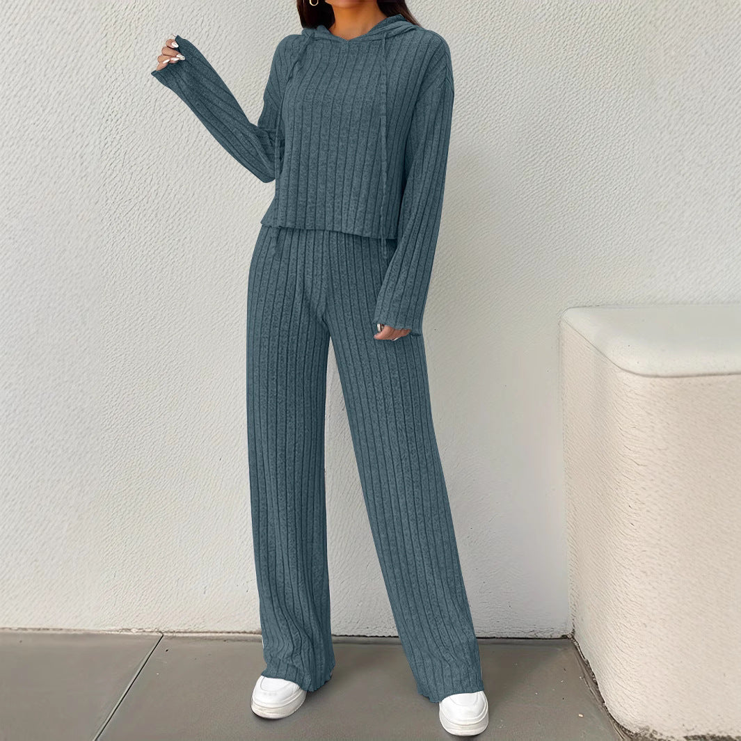 Women's Casual Knit Lounge Set with Hood and Wide Cut