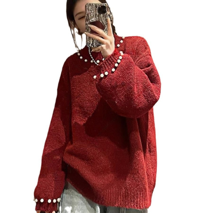 Elegant Sweater with Pearl Design and Relaxed Fit