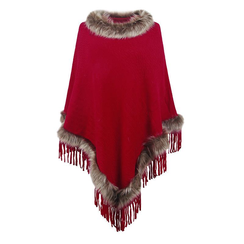 Women's Elegant Poncho with Faux Fur Collar and Fringe