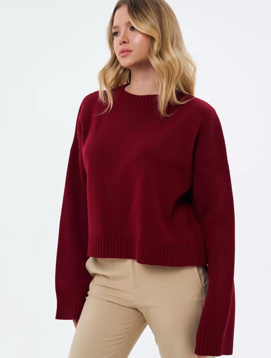 Women's Cozy Cropped Sweater with Relaxed Balloon Sleeves and Ribbed Texture