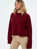 Women's Cozy Cropped Sweater with Relaxed Balloon Sleeves and Ribbed Texture