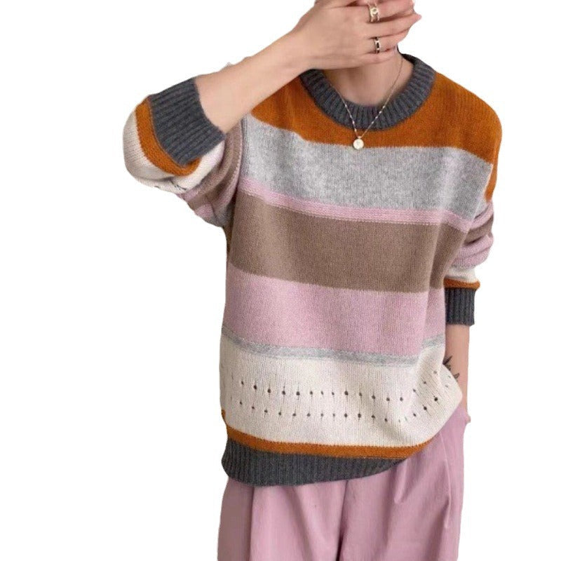 Women's Coarsely Knitted Sweater with Casual Stripes
