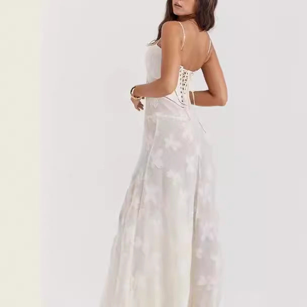 Elegant Evening Dress with Fine Lace Trim and Spaghetti Straps