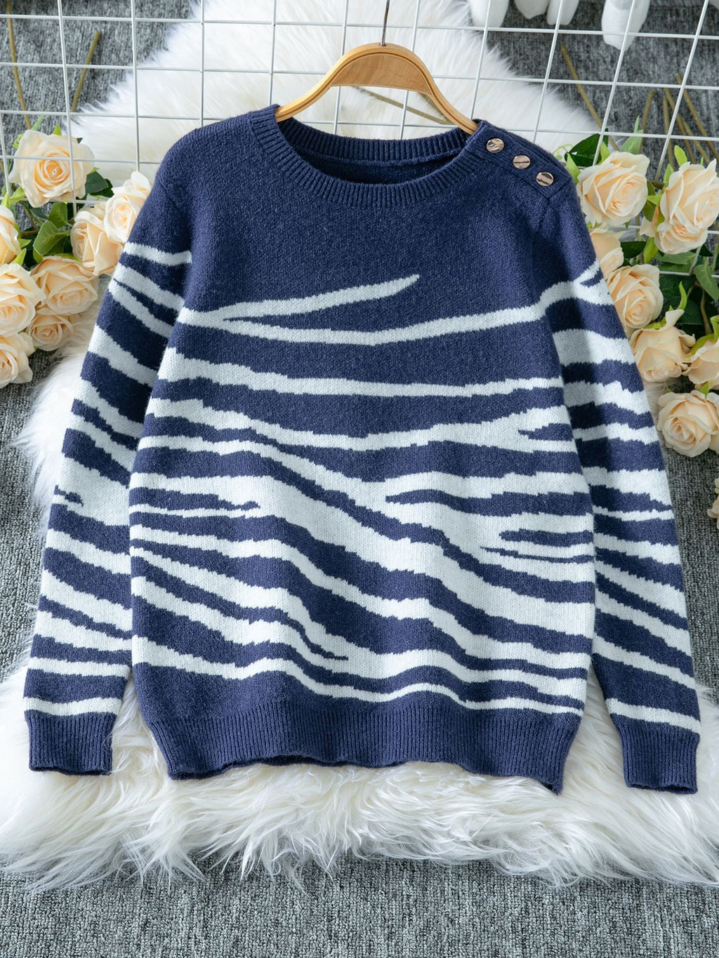 Women's Cozy Knit Sweater with Modern Zebra Stripe Pattern and Comfortable Fit