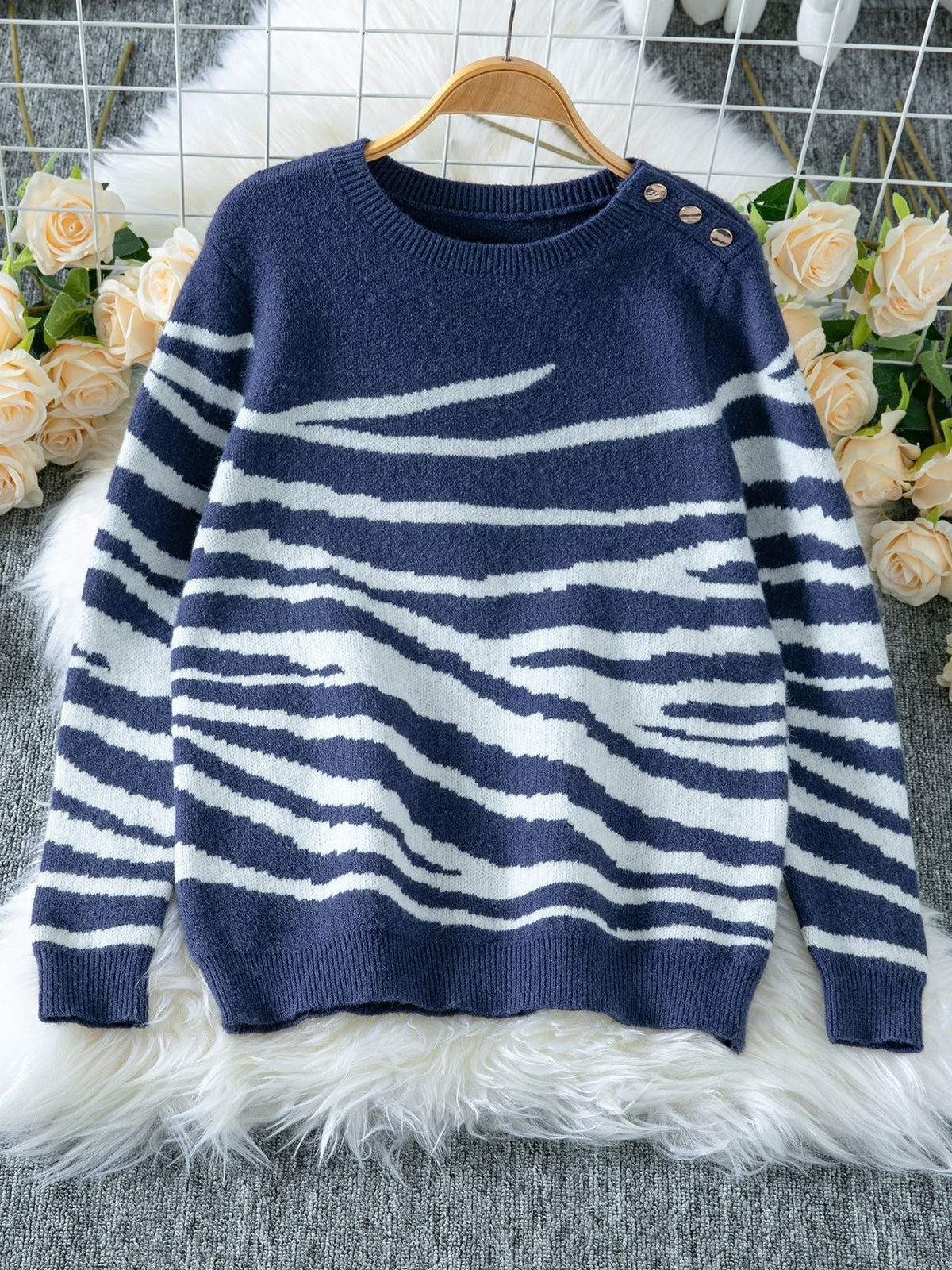 Women's Cozy Knit Sweater with Modern Zebra Stripe Pattern and Comfortable Fit