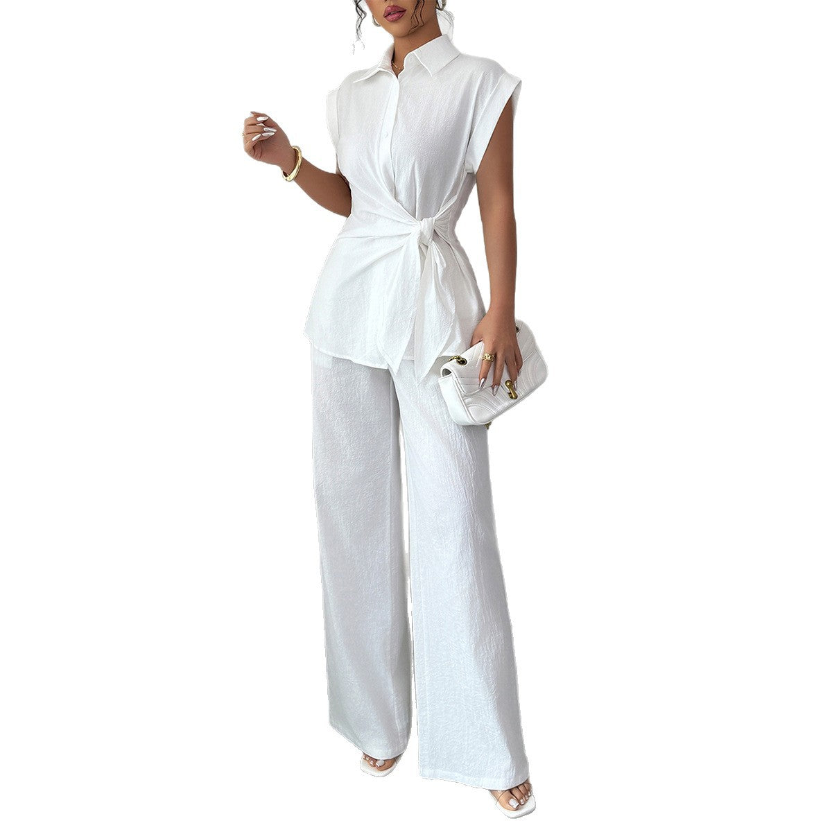 Elegant Two-Piece Set with Fitted Blouse and Wide-Leg Trousers