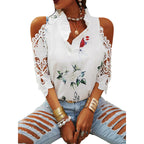 Women's Blouse with Cut-Out Sleeves and Floral Design