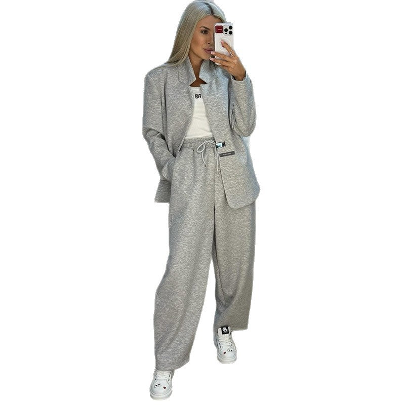 Women's Casual Sweater-Blazer Combo with Wide-Leg Pants