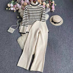 Women's Elegant Striped Knit Ensemble with High Collar and Wide Leg