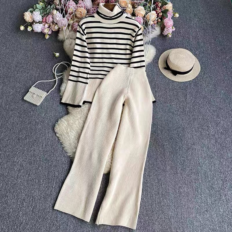 Women's Elegant Striped Knit Ensemble with High Collar and Wide Leg