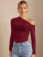 Women's Asymmetrical Long-Sleeve Bodysuit with Ruching