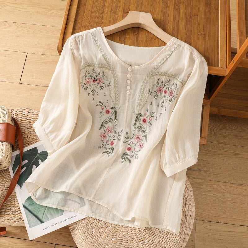 Women's Blouse Shirt with Floral Embroidery and Button-Up Neckline