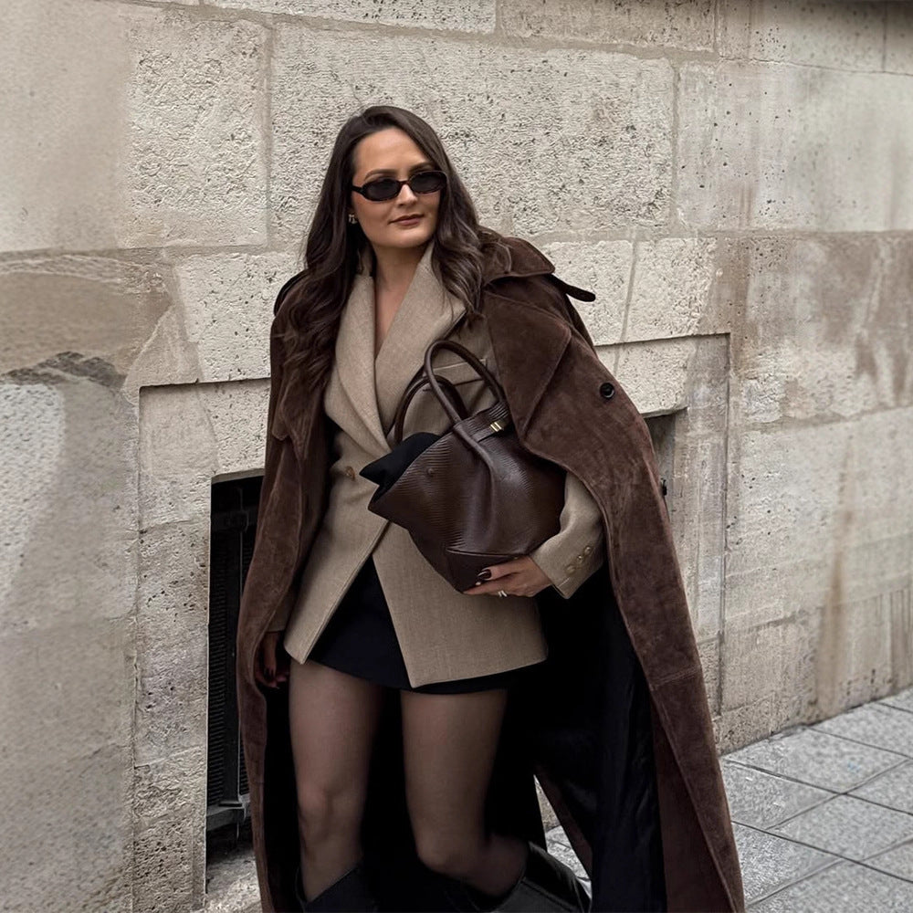 Women's Long Vegan Leather Coat with Distinctive Flaps