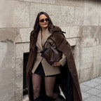 Women's Long Vegan Leather Coat with Distinctive Flaps