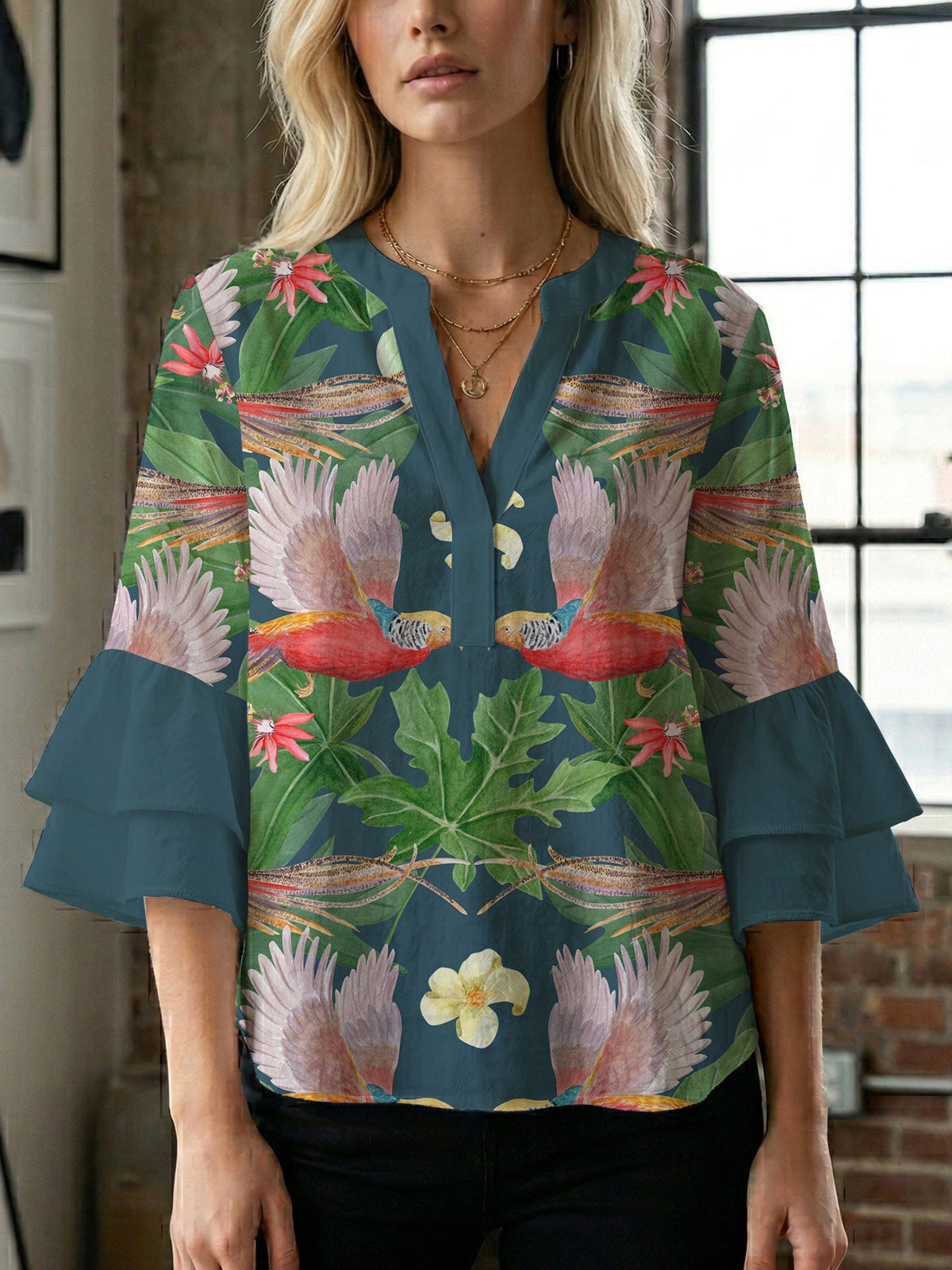 Women's Blouse with Voluminous Sleeves and Floral Design