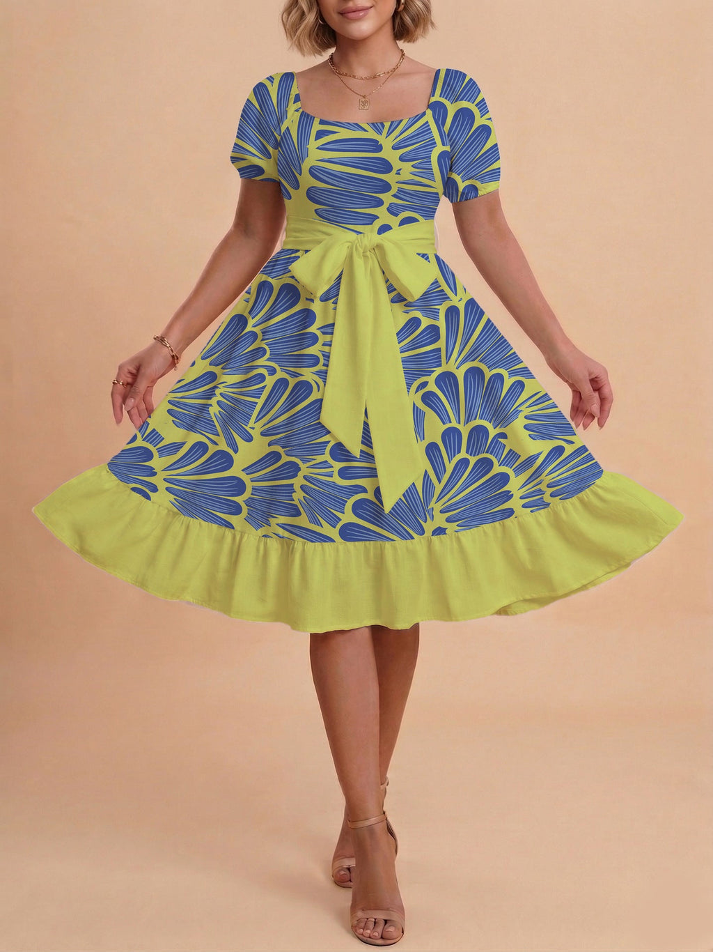 Women's A-Line Dress with Floral Motifs and Adjustable Belt
