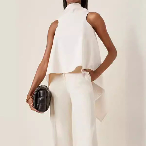 Women's Sleeveless Tunic with Asymmetrical Cut and Elegant Collar