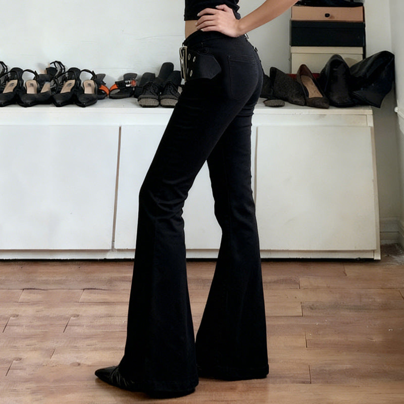 Women's Flared Jeans with Adjustable Belt and Cut-Out Design