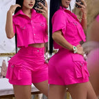 Women's Fashionable Two-Piece Set with Cropped Top and Cargo Shorts