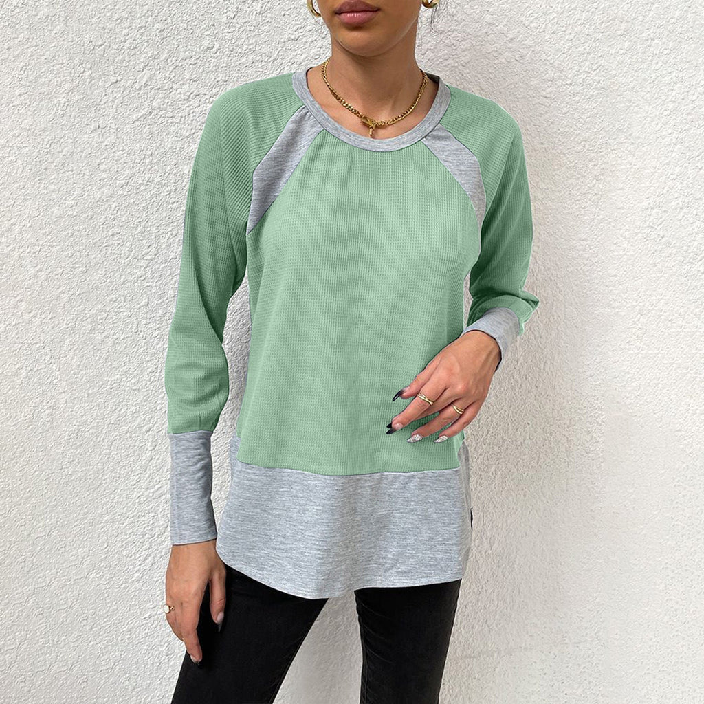 Women's Casual Long-Sleeve Shirt with Waffle Texture and Contrast Sleeves