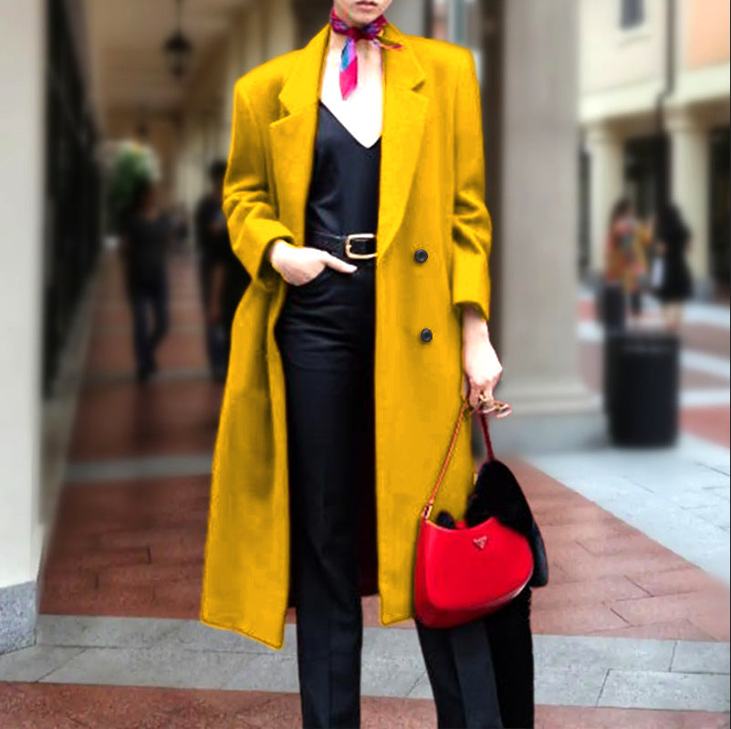 Women's Elegant Long Coat with Double-Breasted Button Placket and Generous Cut
