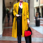 Women's Elegant Long Coat with Double-Breasted Button Placket and Generous Cut