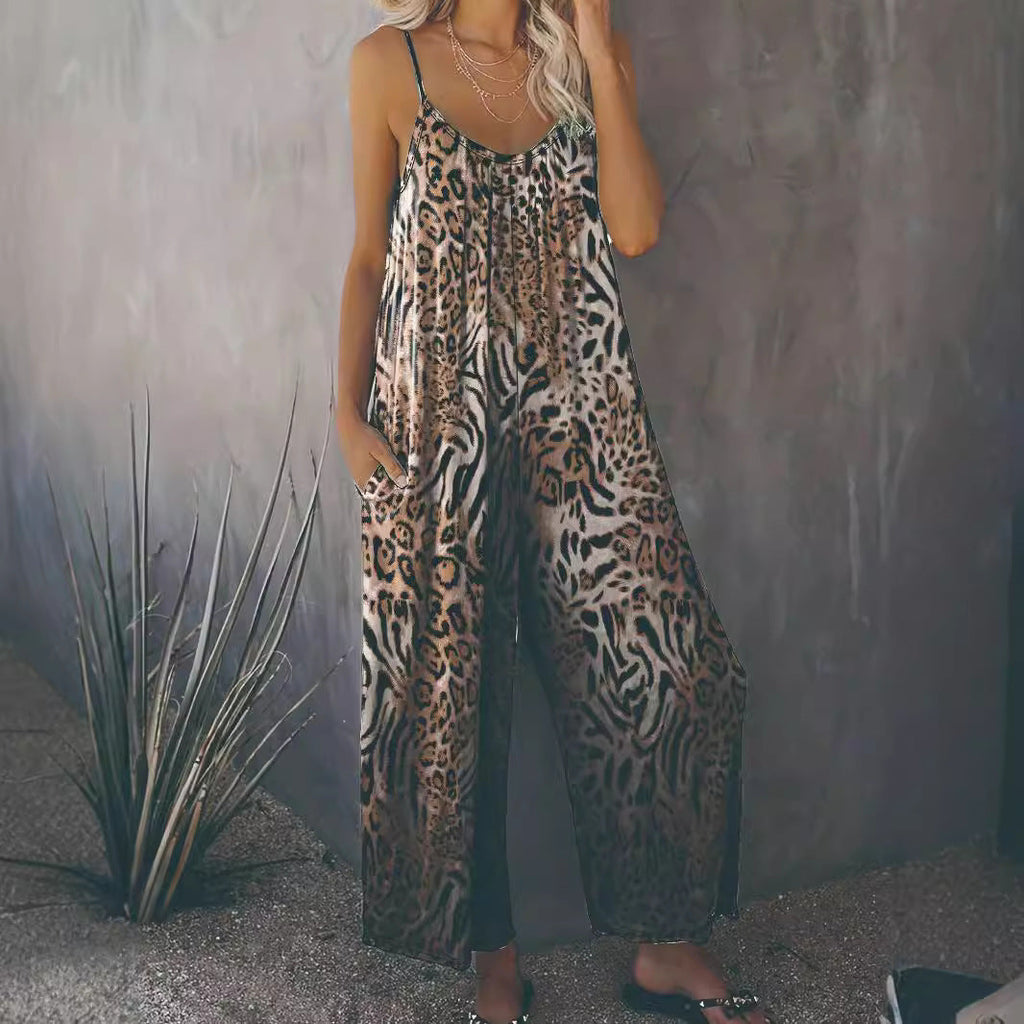 Women's Loose Jumpsuit with Animal Print and Pockets