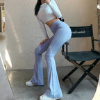 Women's High-Waisted Slim-Fit Flared Pants with Ribbed Details