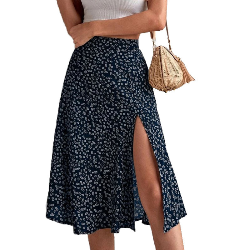 Women's Midi Skirt with Side Slit and Playful Floral Design