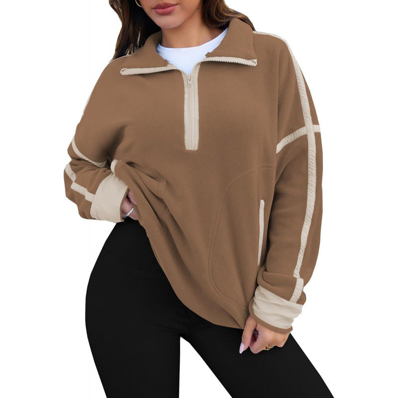 Women's Fleece Pullover with Half Zipper and Contrasting Sleeves