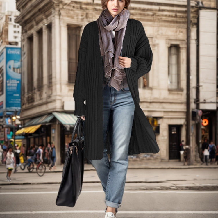 Women's Long Knit Coat with Casual Fit and Ribbed Design