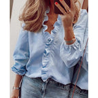 Women's Blouse with Ruffle Details and Stand-up Collar