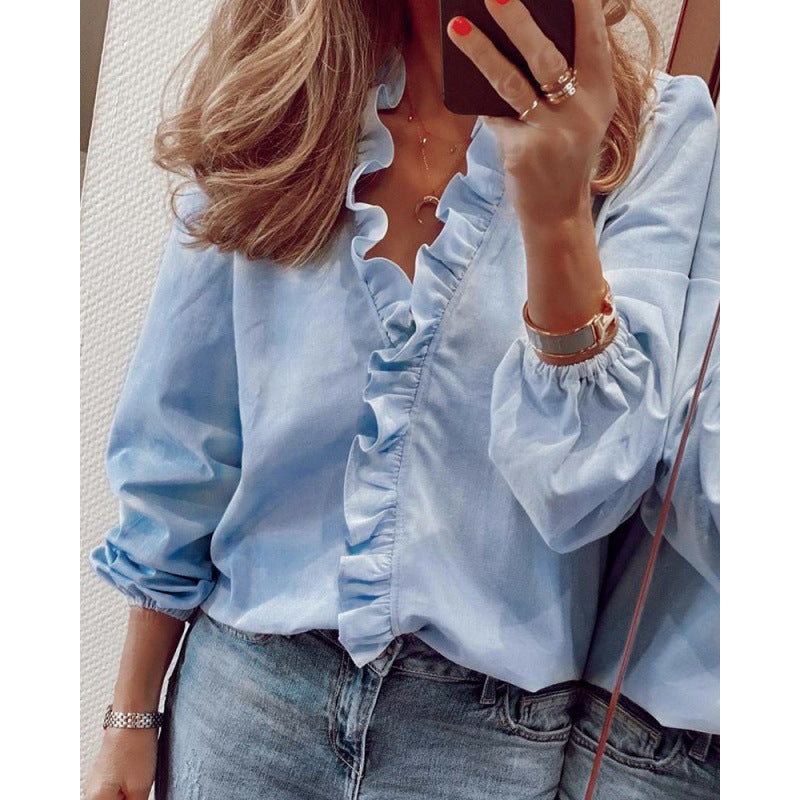 Women's Blouse with Ruffle Details and Stand-up Collar