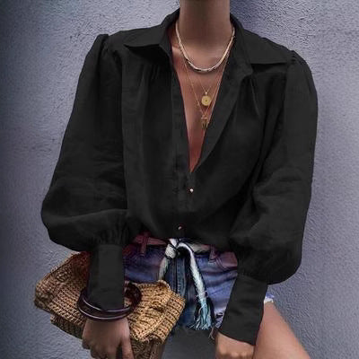 Women's Blouse with Voluminous Sleeves and Elegant Collar