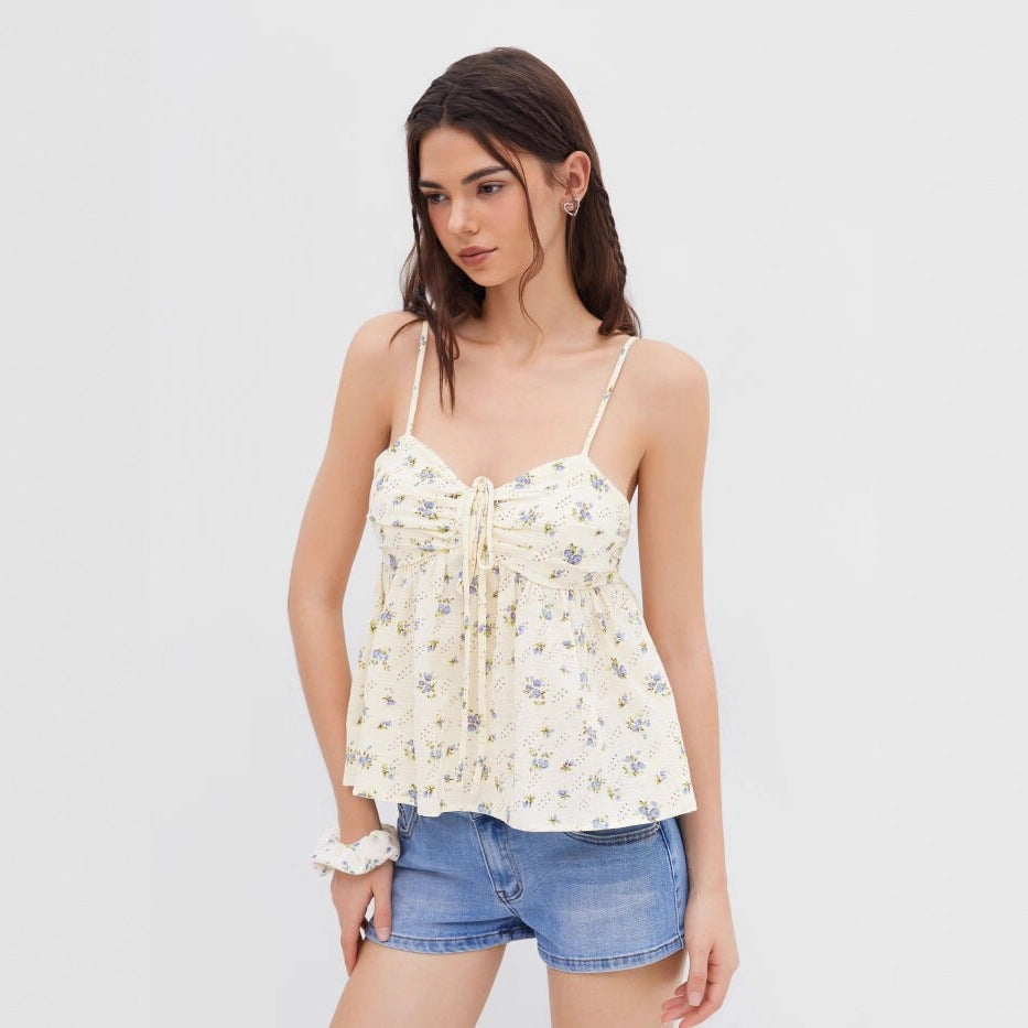 Women's Floral Summer Top with Decorative Drawstring