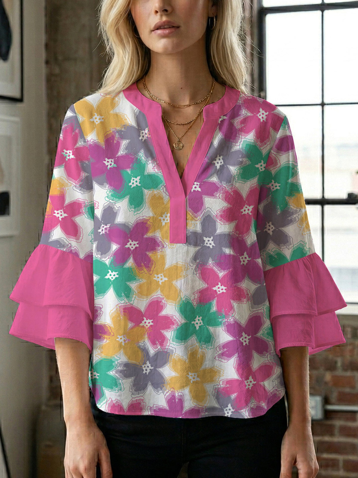 Women's Blouse with Voluminous Sleeves and Floral Design