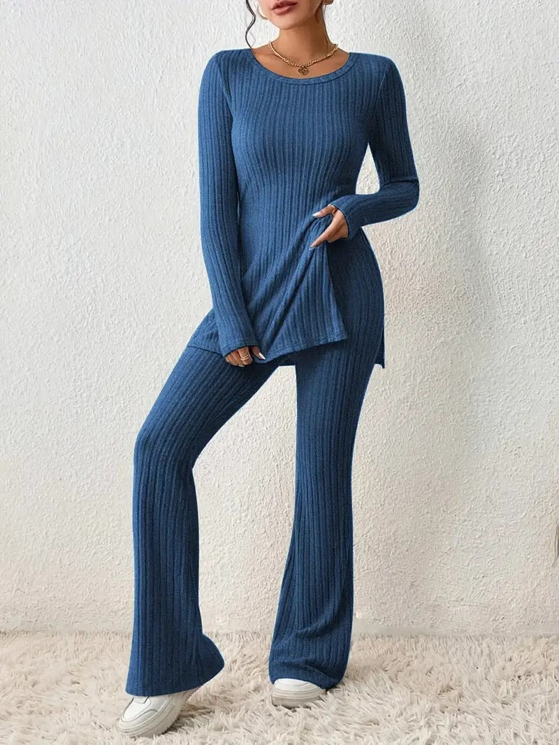 Women's Fine Ribbed Lounge Set with Long Sleeves and Flared Legs