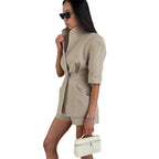 Women's Elegant Blazer Jacket with High Collar and Practical Pockets
