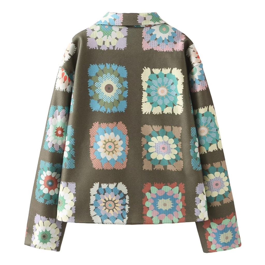 Women's Colorful Floral Jacket with Pockets and Button Details