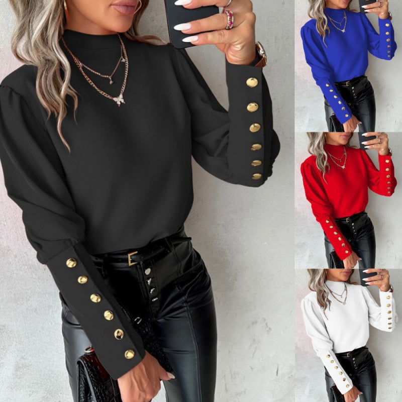 Elegant Blouse with Puff Sleeves and Gold Button Details