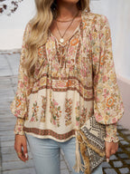 Women's Blouse with Floral Patterns and Tie Neckline
