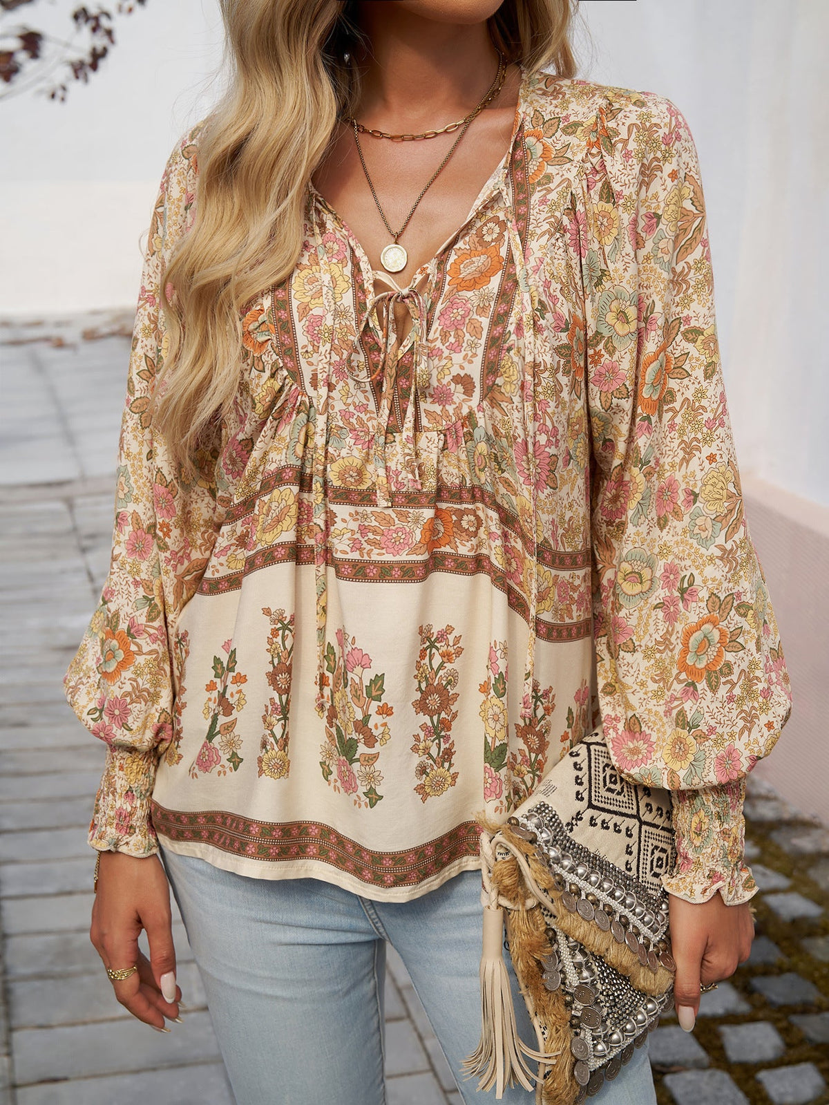 Women's Blouse with Floral Patterns and Tie Neckline